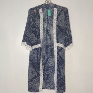 Maurices Navy Blue Lace Trim Kimono Robe Paisley Oversized Xsmall